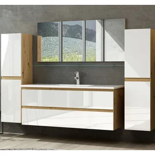 Badmöbel Set Eiche Artizan Weiss Hochglanz Badezimmermöbel Bad Schränke Leonard - 90 cm