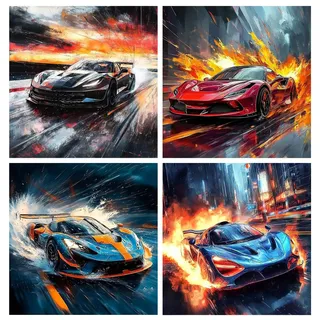 Komergave 4 Stück Auto Poster, Leinwand Supersportwagen Wanddekoration, Wandbilder für Jungen Schlafzimmer, Spielzimmer, Wohnzimmer, Ohne Rahmen 30x20cm