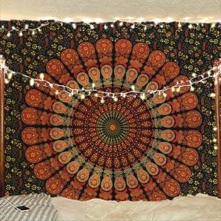 Bless International, Indischer Wandbehang im psychedelischen Hippie-, Bohemien-, Pfauen-, Mandala-Look, Wandteppich, Betttuch, Goldgrün, Größe M, 137 x 152 cm