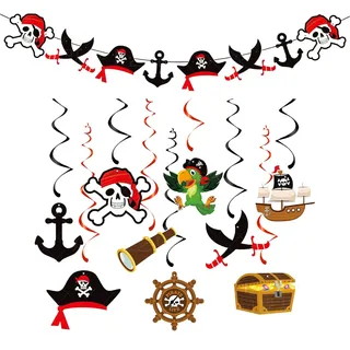 Piraten Deko Kindergeburtstag, Piratenparty Dekoration Set mit 9 Karten + 9 Spiralen + Haken + Piratenmuster Banner, Ideal für Piratenschatz und Piratengeburtstag Dekoration