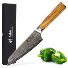 Wakoli Oribu Kiritsuke Chefmesser (klein) 15 cm I 67 Lagen Damast Küchenmesser I Profi Kochmesser aus echtem Damaststahl mit ergonomischem Olivenholzgriff I Damastmesser für professionelle Köche