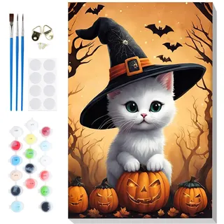 Lxmsja Katze Malen Nach Zahlen Erwachsene mit Rahmen, Malen Nach Zahlen Halloween, Diy Set Erwachsene mit Pinseln und Acrylfarben Handgemalt Ölgemälde Leinwand für Home Décor, 20x30cm
