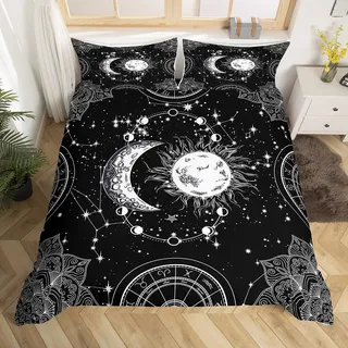 Loussiesd Sonne und Mond Bettwäsche 135x200cm Konstellation Bettbezug für Kinder Jungen Mädchen Teenager Psychedelisch Boho Mandala Bettwäsche Set Himmelsgalaxie Tagesdecke Schwarz Weiß Raumdekor