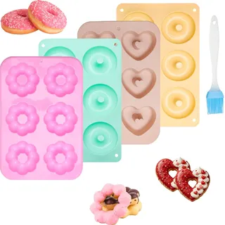 GZRXIOUS 4 Stück Donuts Backform, 3 Farben Silikon Donut Backform Set mit Öl Pinsel, Antihaft Donutform Backofen, Silikonformen Backen für Kuchen Bagels Muffins Brötchen (Runde, Blumen und Herz)