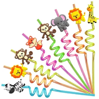8 Stk Tier Kinder Strohhalme, Wiederverwendbare Plastik Strohhalm, Lockige Party Trinkhalme, Trinkhalme für Kindergeburtstagsparty-Dekoration, Zubehör Familientreffen, Partygeschenke