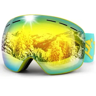 Trusiel Skibrille Damen Herren Anti-Fog Ski Brille OTG, Skibrille für Brillenträger, 400 UV-Schutz Schneebrille Kompatibel Helm (Grün (VLT 14%))