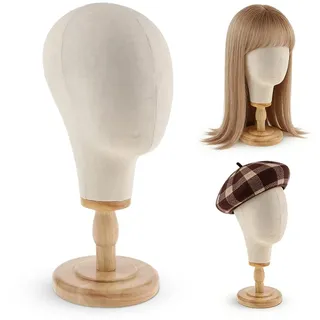 Zinueen Standfester Perückenkopf 21" Mannequin Kopf, Wig Stand Hutständer aus Holz für Hüte & Mützen, Schneiderpuppe Styroporkopf Schaufensterpuppe Dekokopf zur Präsentation
