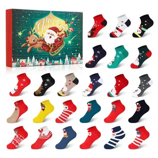 Adventskalender Socken 24 Paar Damen Baumwolle Weihnachtsmotiv Geschenkset