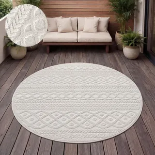 Outdoor Teppich Wetterfest Balkon Wohnzimmer Skandinavisches Boho Einfarbig Grösse 200 cm Rund - Creme