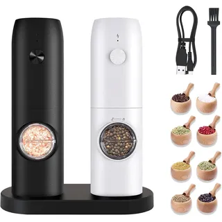 BGFOX Salz und Pfeffer Mühle Elektrisch 2er Set mit einstellbarem Keramik-Mahlwerk von grob bis fein, Gewürzmühlenset Automatisch mit Basis LED-Licht Type-c Reinigungspinsel (2 Stück) (Schwarz-Weiß)
