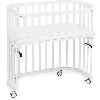 babybay Maxi extra großes Beistellbett aus massivem Buchenholz/Kinderbett Höhe stufenlos verstellbar & umweltfreundlich/mit Matratze, Gitter, Rollen (weiß lackiert)