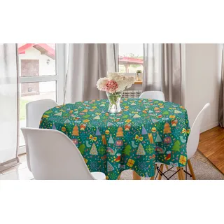 ABAKUHAUS Weihnachten Runde Tischdecke, Buntes Doodle Element, Kreis Tischdecke Abdeckung für Esszimmer Küche Dekoration, 150 cm, Teal und Multicolor