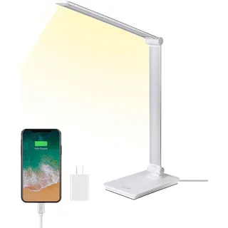 ELITUN Schreibtischlampe, LED Tischlampe mit USB Ladefunktion, 5 Farben, 3-Stufiges Dimmen, Memory-Funktion, Augenfreundliche Leselampe, Bürolampe, weiß, Aluminiumlegierung