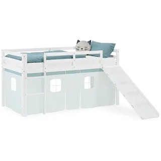 Homestyle4u Hochbett 90 x 200 cm Kiefer massiv lackiert Weiß/Mint