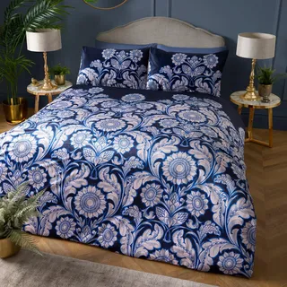 Laurence Llewelyn-Bowen Romilly Collection Bettbezug mit Mandala-Blumenmuster, für Super-Kingsize-Betten (260 x 220 cm), wendbare Designs, Luxus-Bettwäsche-Set, Sonnenblumen-Bettbezug, Blau