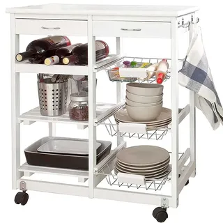 BAKAJI Küchenwagen Holz 2 Schubladen Besteckkasten Weinregal 5 Fächer Weiß, Metall, Standard