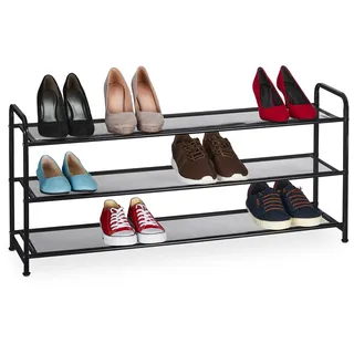 Relaxdays Schuhregal, 12 Paar Schuhe, HxBxT: 48 x 100 x 25,5 cm, Metall Schuhablage, schmal, 3 Ablagen, Flur, schwarz