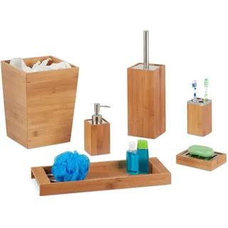 Relaxdays Badset Natur 6-teilig-Set Bambus Edelstahl , Hellbraun , Holz, Metall , 20x26.5x20 cm , Badaccessoires
