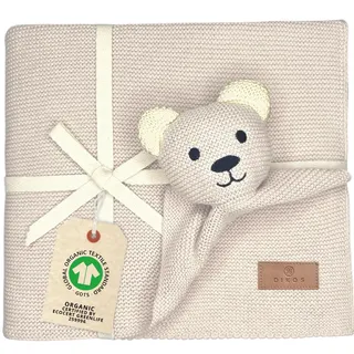 DIKOS Original Babydecke SCHMUSE-Bär (Naturbeige) – Premium 2-in-1 Neugeborenen Kuscheldecke & Schmusetuch – aus weicher gestrickter Bio-Baumwolle (GOTS/Oeko-TEX) – schönes Babygeschenk zur Geburt