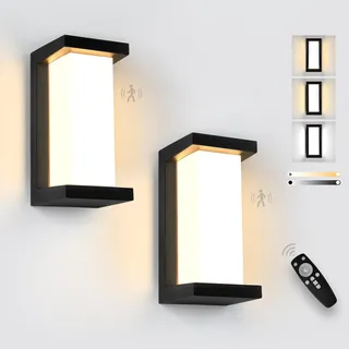 YindaLux 18W Aussenlampe mit Bewegungsmelder, LED Schwarz Wandleuchte Aussen mit Fernbedienung, IP65 Wasserdichte Modern Wandlampe Innen/Außen, 3000-6500K Dimmbar Außenleuchte für Garten, 2 Stück