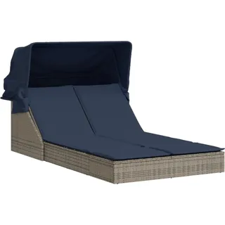 vidaXL Doppelte Sonnenliege mit Baldachin und Kissen, grau, Polyrattan - Grau