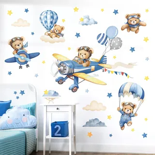 decalmile Wandtattoo Tiere Flugzeug Bär Wandaufkleber Heißluftballon Bär Wolken Wandsticker Babyzimmer Kinderzimmer Schlafzimmer Wanddeko