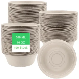 HEIYUET 100 Stück Pappe Suppenteller 500ml, Pappe Suppenschalen Einweg Zuckerrohr Schüsseln, Papier Suppen Schüsseln Braun Suppenschüsseln Pappschalen für Party, Geburtstag, Camping, Grillparty, Fest