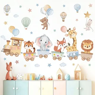 wondever Wandtattoo Tiere Zug Wandaufkleber Heißluftballon Safari Tiere Elefant Giraffe Wandsticker Wanddeko für Kinderzimmer Babyzimmer