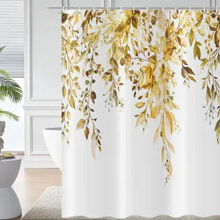 Hnmdmyi Duschvorhang Gelb Eukalyptus 180x200, Aquarell Pflanzen Blätter mit Floralen Badewanne Vorhang Wasserdicht Polyester Stoff Waschbar Badevorhang für Badezimmer mit Haken
