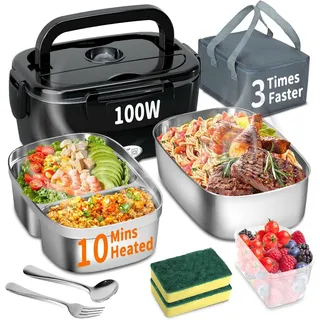 Elektrische Lunchbox 100W, 3-in-1 tragbare beheizte Lunchbox, Herausnehmbare Edelstahl-Brotdose, 12V/24V/220V Isolierte Wärmebox für Auto/Lkw/Büro, Mit isolierter Tasche und Schwamm (Blau, 1.5 L)