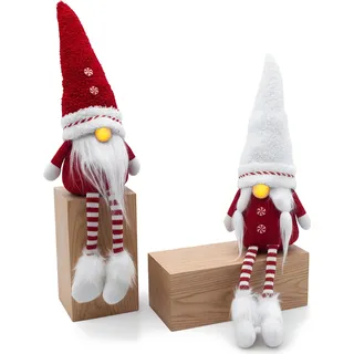 LED Wichtel Kantenhocker mit leuchtender Nase - 2er Set - Weihnachtswichtel 52 cm sitzend mit langen Beinen