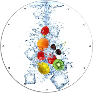 Wallario rundes Outdoor-Poster für Garten oder Balkon, Motiv Obst-Eiswürfel-Mix im Wasser mit weißem Hintergrund, 120 cm Durchmesser - Weiß