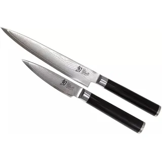 KAI Shun Classic japanisches Kochmesser 2er Set -Allzweckmesser 15 cm Klingenlänge + Officemesser 9 cm Klingenlänge - Damastmesser 32 Lagen VG MAX Kern - 61 (±1) HRC - Pakkaholz- Küchenmesser Set