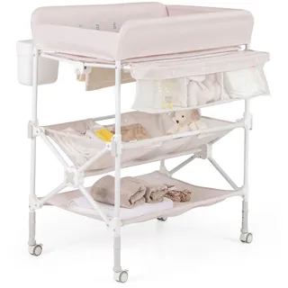 COSTWAY 5 in 1 Wickelkommode, Wickeltisch klappbar, Wickelstation höhenverstellbar mit Seitenkorb, Regalen & Mülleimer, tragbares Baby Changing Table mit Rollen für Neugeborene & Säuglinge (Beige)