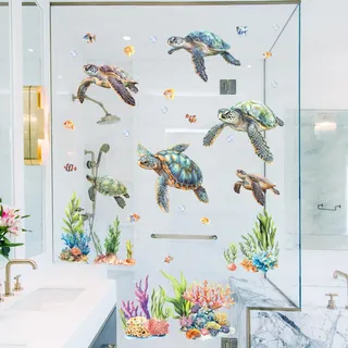 SHUCHING Wandtattoo Schildkröte, Wandsticker Unter dem Meer, Selbstklebend Wandaufkleber für Kinderzimmer Badezimmer Wasserfest