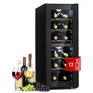 Klarstein Weinkühlschrank Freistehend, Kleiner Getränkekühlschrank Schmal, 2 Zonen Weinkühlschrank mit Glastür, Indoor/Outdoor Beersafe, Kühlschrank Klein mit UV-Schutz, 5-18°C, 12 Flaschen - Schwarz