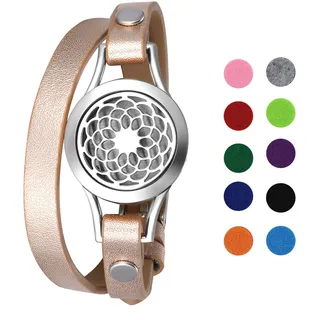 Flongo Aromatherapie Lederarmband Damen-Armband Armreif Aroma Locket Diffuser Duftstofflocket mit Farbigen Filz-Pads ätherisches Öl Diffusor für Frauen Silber