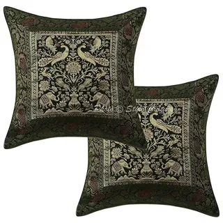 Stylo Culture Ethnisch Dekorativ Brokat Seide Sofa Kissenbezüge 40x40 cm Dunkelgrün Dekokissen Jacquard Wohnzimmer Couch Kissenhullen Elefant Quadrat Reißverschluss 16x16 Inch Kissen Bezüge - 2 STK.