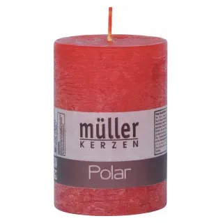 Müller Kerzen Polar Stumpenkerzen 100/68 mm, Raureif-Effekt, Mittelgroße Kerze für eine langanhaltende gemütliche Stimmung im Raum, 1 Packung = 4 Stück, rot