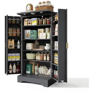 Stilvora Küchenschrank in Schwarz Küchenbuffet mit LED-Sensorlicht und Gewürzregal für Küchen und Esszimmer, B60.5/T40/H120 cm , Holzwerkstoff , Rechteckig , 60.5x120x40 cm , Kleinmöbel, Kommoden, Highboards