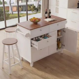 Kücheninsel HWC-P62 mit 2 Sitzhockern, Küchenschrank Schublade Staufächer MDF 90x131x47cm  weiß, helles Holz - Weiß