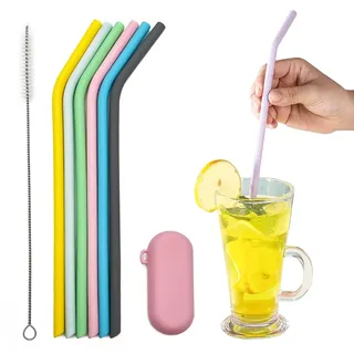 6 Stück Lebensmittelechte wiederverwendbare Silikon-Trinkhalme mit mit Reinigungsbürsten und Aufbewahrungsbox, Umweltfreundliche Farbige Trinkhalme, für Saft, Milchtee (0,8cm Durchmesser, 25cm Länge)
