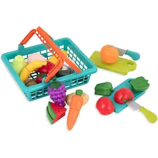 Battat Obst und Gemüse zum Schneiden im Einkaufkorb mit Spielzeug Messer und Brettchen – Kinderküche, Spielküche, Kaufladen, Kaufmannsladen Zubehör für Kinder ab 2 Jahren