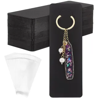 PH PandaHall 100 Sets Lange Schlüsselanhänger Displaykarten Mit Selbstverschließenden Beuteln Schwarzer Papier Schlüsselanhänger Displayhalter Schlüsselanhänger Kartenhalter Zum Präsentieren