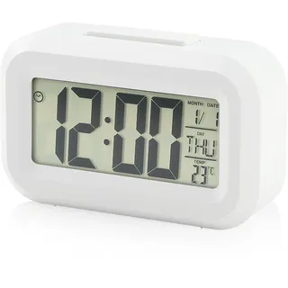 GlasFlength Wecker Digital, Elektronischer Wecker Nachttisch mit Große LCD Anzeige Ohne Ticken Wecker Digital Mit Temperaturanzeige Datum Snooze Kinderwecker für Home Office Batteriebetrieben(Weiß)