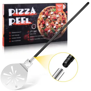 TEAMFAR Pizzaschieber, 22,8 x 25,8 x 112 cm Perforierter Edelstahl Pizzaschaufel Pizza Schieber, Rund Großer Fläche & Abnehmbaren Griff zum Leichten Gleiten auf Pizzastein, Leicht zu Reinigen