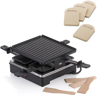 kela Raclette-Set, Raclette/Grill Geneva, Für 4 Personen, Wendbare Aluguss-Platte, 4 antihaftbeschichtete Pfännchen, 4 Spatel aus Buchenholz, 10048, 4 Raclette-Brettchen Baar, Buchenholz, 77937