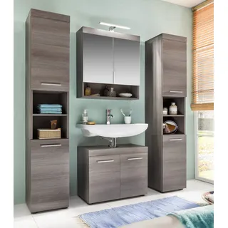 Badezimmer Möbel Badmöbel Set Runner 4-teilig Sardegna rauchsilber grau mit Hochschrank und Spiegelschrank - Braun, Silber