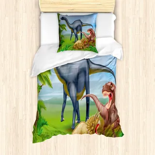 ABAKUHAUS Dinosaurier Mantele, Verschiedene Tiere Jungle, Milbensicher Allergiker geeignet mit Kissenbezügen, 135 cm x 200 cm - 80 x 80 cm, Mehrfarbig