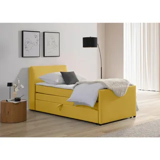 Mid.you Boxspringbett , Gelb , Holz, Textil , Tanne,Tanne , H3 , 7-Zonen , Höhe ca. 17 cm , 120x200 cm , Bettkasten, gepolstertes Kopfteil , Holzmöbel, Holzbetten, Boxspringbetten Holz
